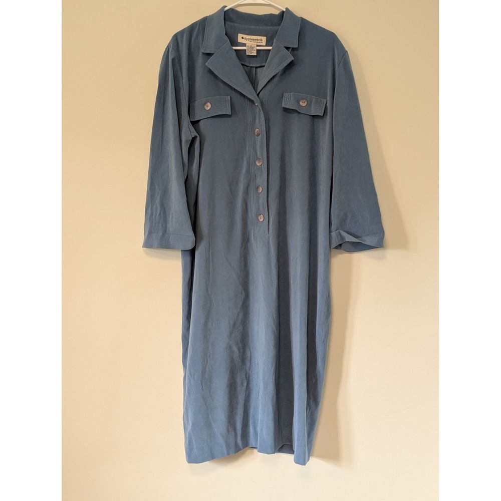 Appleseeds Womens Blue Button Front Midi Shirt Dress Size 18 Pocket 3/4 Sleeve